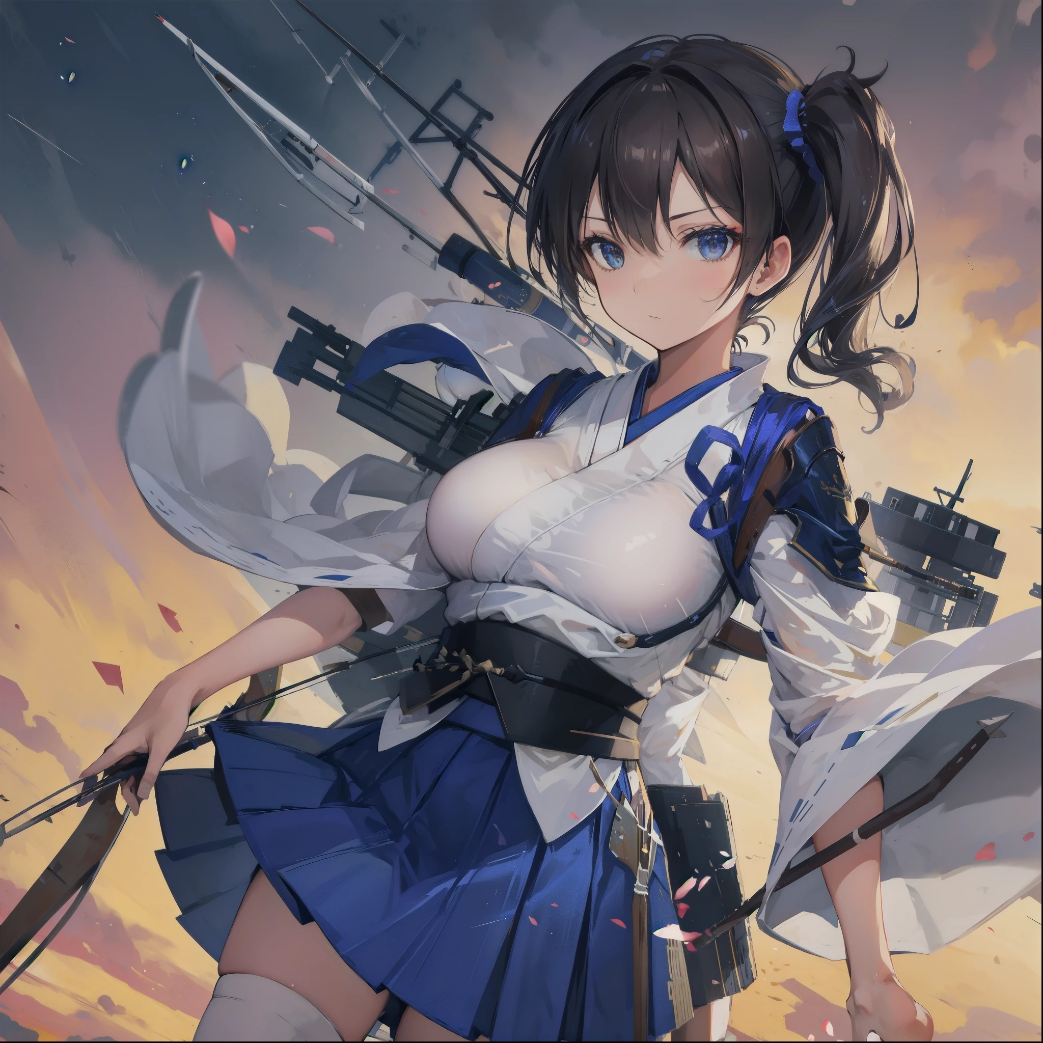 Kaga(Fleet Collection),highest quality, masterpiece, High resolution,kimono,blue skirt,side ponytail,big_breasts,solo,Japanese_bow&arrow,dynamic_posing,