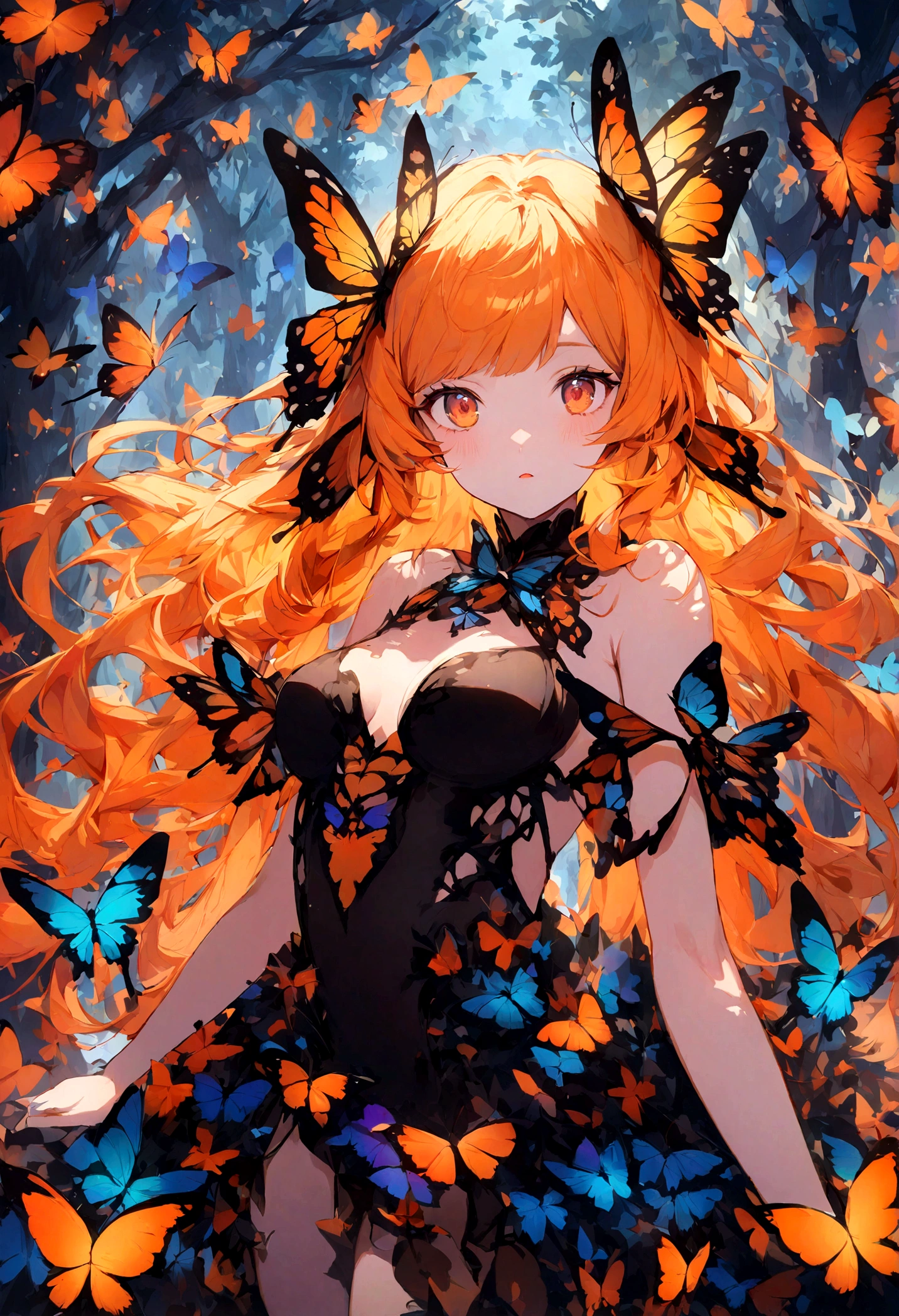 (Looking at the viewer) (1girl) A orange long hair sexy lady of butterflies wearing a black mini dress in the woods, lot of butterflies flying around