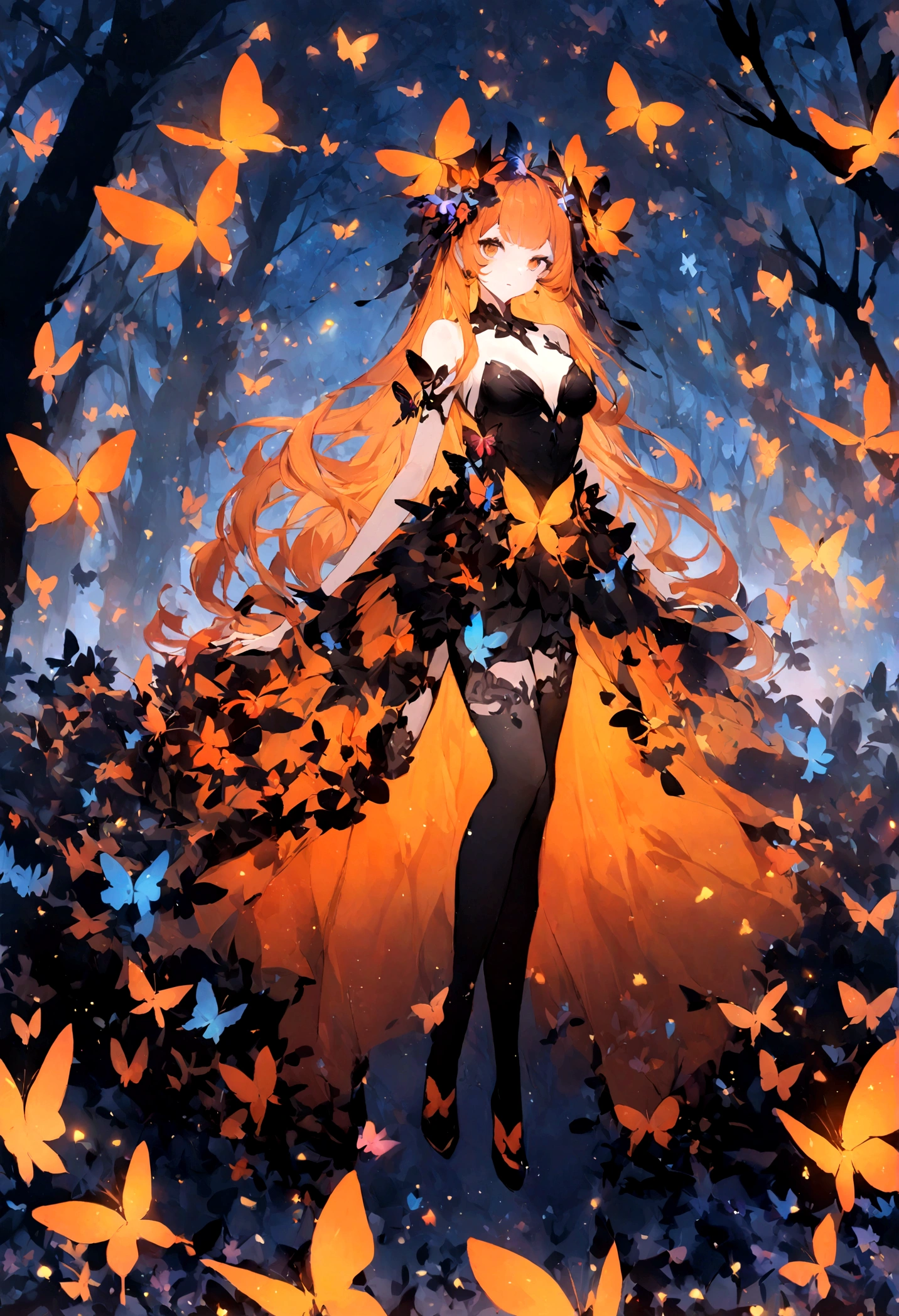 (Looking at the viewer) (1girl) A orange long hair sexy lady of butterflies wearing a black mini dress in the woods, lot of butterflies flying around