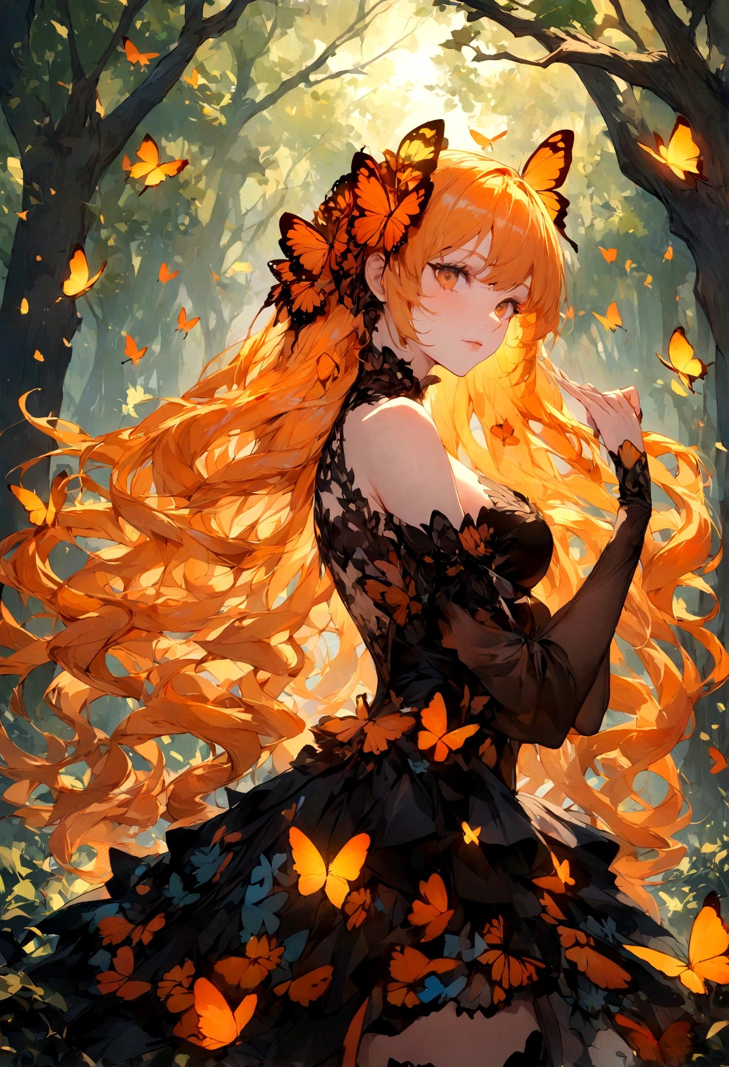 (Looking at the viewer) (1girl) A orange long hair sexy lady of butterflies wearing a black mini dress in the woods, lot of butterflies flying around