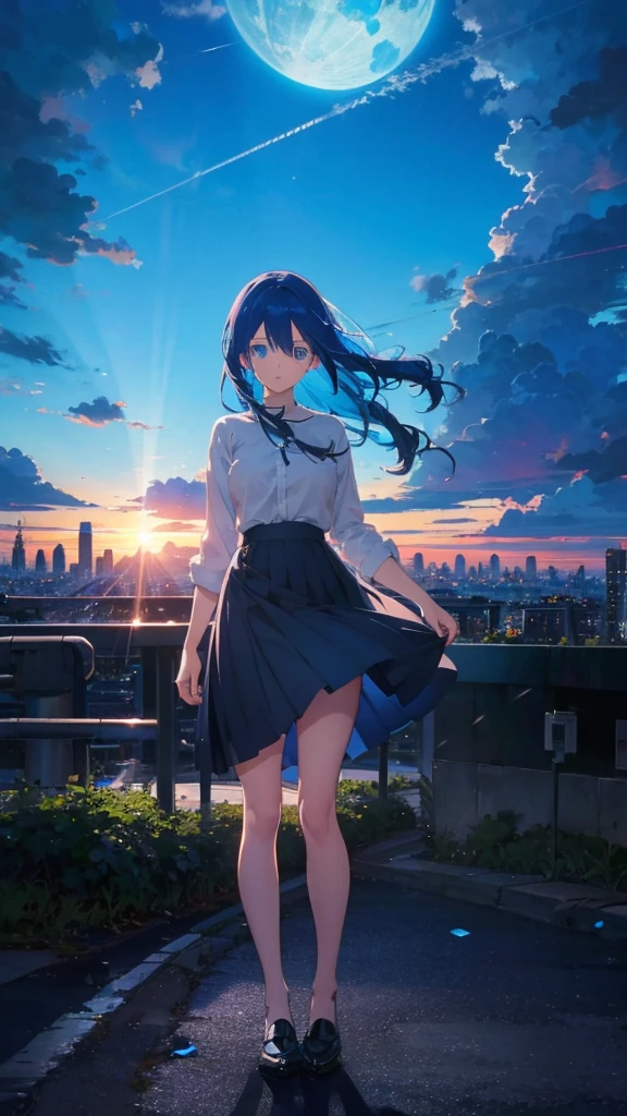 1 anime girl, alone,blue hair,Blue shining jewel eyes,Black petals flutter, A mysteriously shining butterfly.blue sky,city,Vivid blue hair,bright blue jewel eyes,thin legs,cloudy sky,very clear,highest quality,Are standing,Straight Hair,morning,Mid-length skirt,City of Sunsets