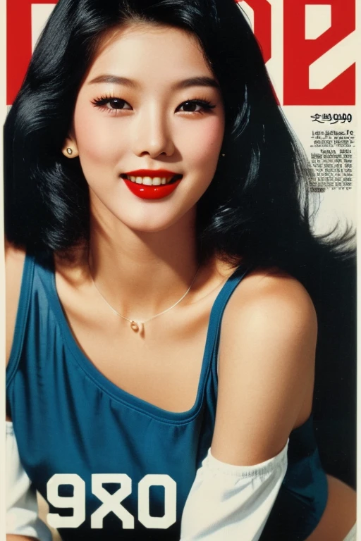 Korean 80s magazine cover , Retro_Magazine , Seoul, 1982. A young korean girl, 24-year-old, sexy girl, strikingly beautiful, black hair, ((awe and joy expression)), ((((clothings from the 1980s)))), ((hairstyle of the 1980s)), erotic pose, big breasts, black hair, delicate facial features, porcelain skin, red lips, expressive eyes, in bold retro typography,
