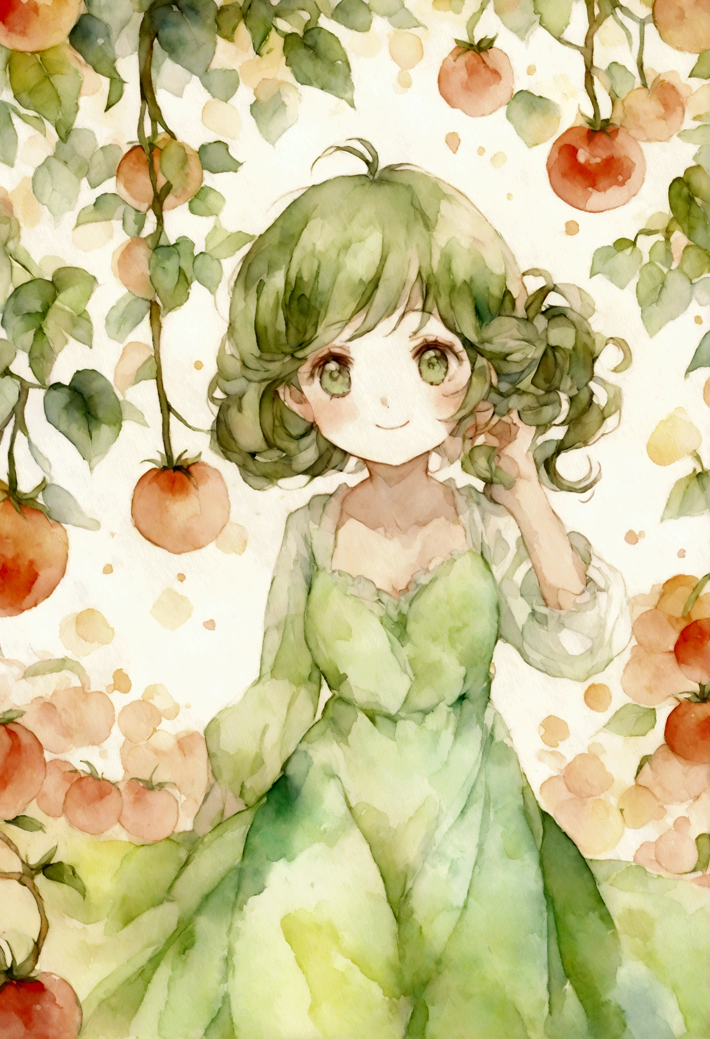 Draw a voluptuous field woman, she has a Tomboy -style hair hairstyle who is reaping tomatoes and next to alla a young man who is seeing her smiled while she also helps harvest draws it in anime watercolor style.