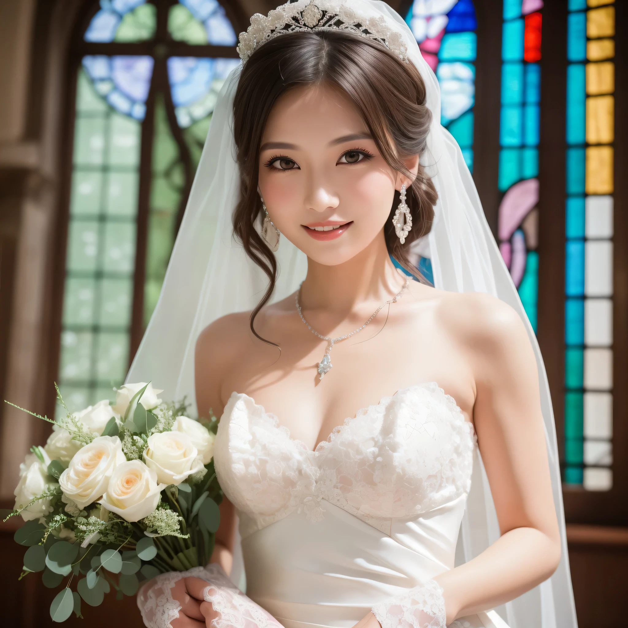 (kawaii face), (flat chest:1.2), happy smile, makeup, (Beautiful frills and lace cute wedding dress, bare shoulders:1.3), (tiaras, necklaces, earrings), Ultra High Definition, Superior Quality, Premier Quality, ultra detailed, Photorealistic, 8k, RAW Photos, highest quality, masterpiece, professional photography, Realistic portrait, Beautiful detailed, Close up portrait of girl, (chapel, stained glass), flower decoration, beautiful bride pictures, (Fine face:1.2),
