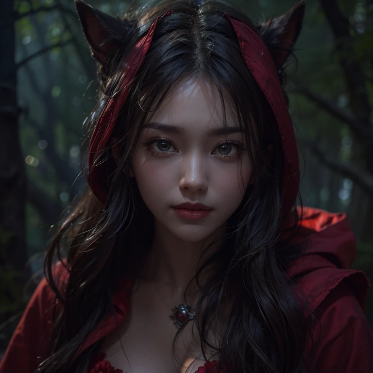 Standing in the forest、Hair flow、 ((highest quality、masterpiece、8k、Best image quality、Ultra-high resolution、Award-winning works)、(Accurate anatomy:1.1)、(Look at me and smile:1.1)、Shining fair skin with Ultra-high resolution、The most detailed face、Ultra-high resolution detailed face、Ultra-high resolutionの髪の毛、(Ultra-high resolution eye:1.1)、Beautiful face drawn in every detail、little red riding hood Costumes , Chest to chest, Strange atmosphere, A real werewolf stares at her......., Dark Light, in the forest , Heavy makeup