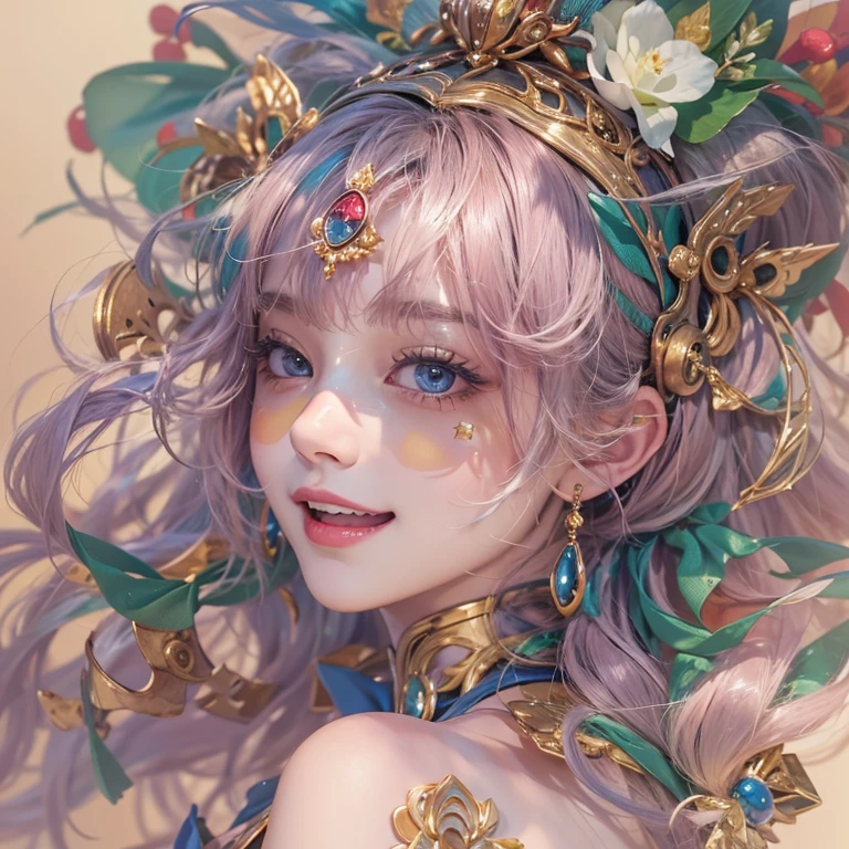 Hiding in the castle、Hair flow、 ((highest quality、masterpiece、8k、Best image quality、Ultra-high resolution、Award-winning works)、(Accurate anatomy:1.1)、(Look at me and smile:1.1)、Shining fair skin with Ultra-high resolution、The most detailed face、Ultra-high resolution detailed face、Ultra-high resolutionの髪の毛、(Ultra-high resolutionの煌めく瞳:1.1)、Beautiful face drawn in every detail、Cheerful clown costume, Chest to chest, tattoo,、Masquerade and masks