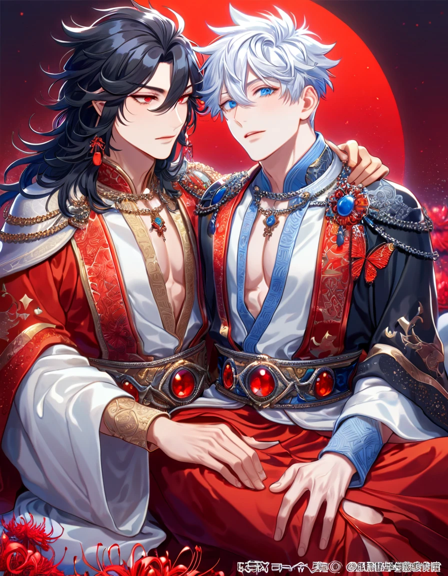 absurdres, highres, ultra detailed, HDR, master piece, best quality, extremely detailed face, delicated features, Xue Yu, untamed spiky hair, black hair, hair between the eyes, expressive red eyes, Thousand Years War, Gojou Satoru, white hair, expressive blue eyes, two sexy men sitting together, gay couple, yaoi, handsome, toned chest, black cape, red robes, white robes, accessories, patterns, red sky, red butterflies, red spider lilies, fantasy, magical, radiant moon