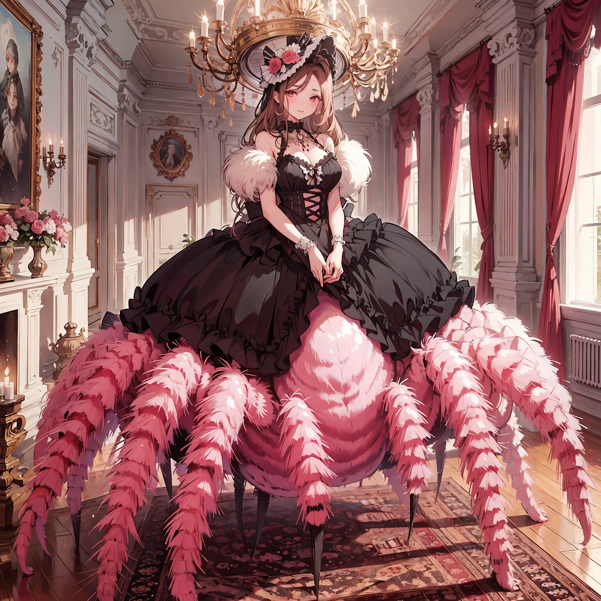 Arachne. pink tarantula. Fluffy spider. Dress. Inside a mansion.