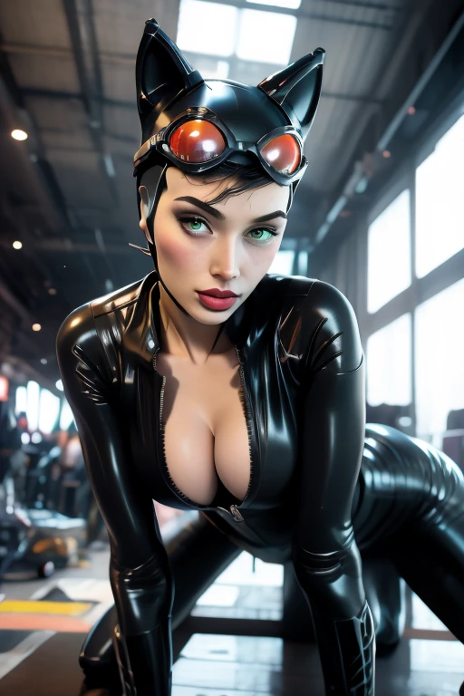 (masterpiece, best quality:1.2), catwoman, 1girl, solo, looking at viewer, bodysuit, goggles on headwear, helmet, cat ears, cleavage, tight,
