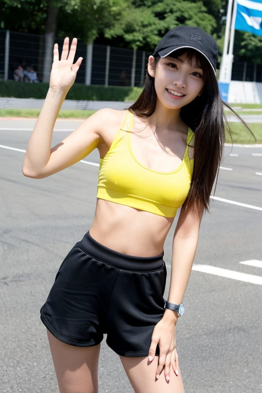 ((best quality)), ((masterpiece)), (detailed), 1girl, yellow Sports bra , Black short pants, black cap , standing position , sexy poses , seductive gaze , perfect body , standing on the racing streets, waving racing flag , beautiful straight black long hair , perfect five fingers, revealing stomach ,beautiful thighs 