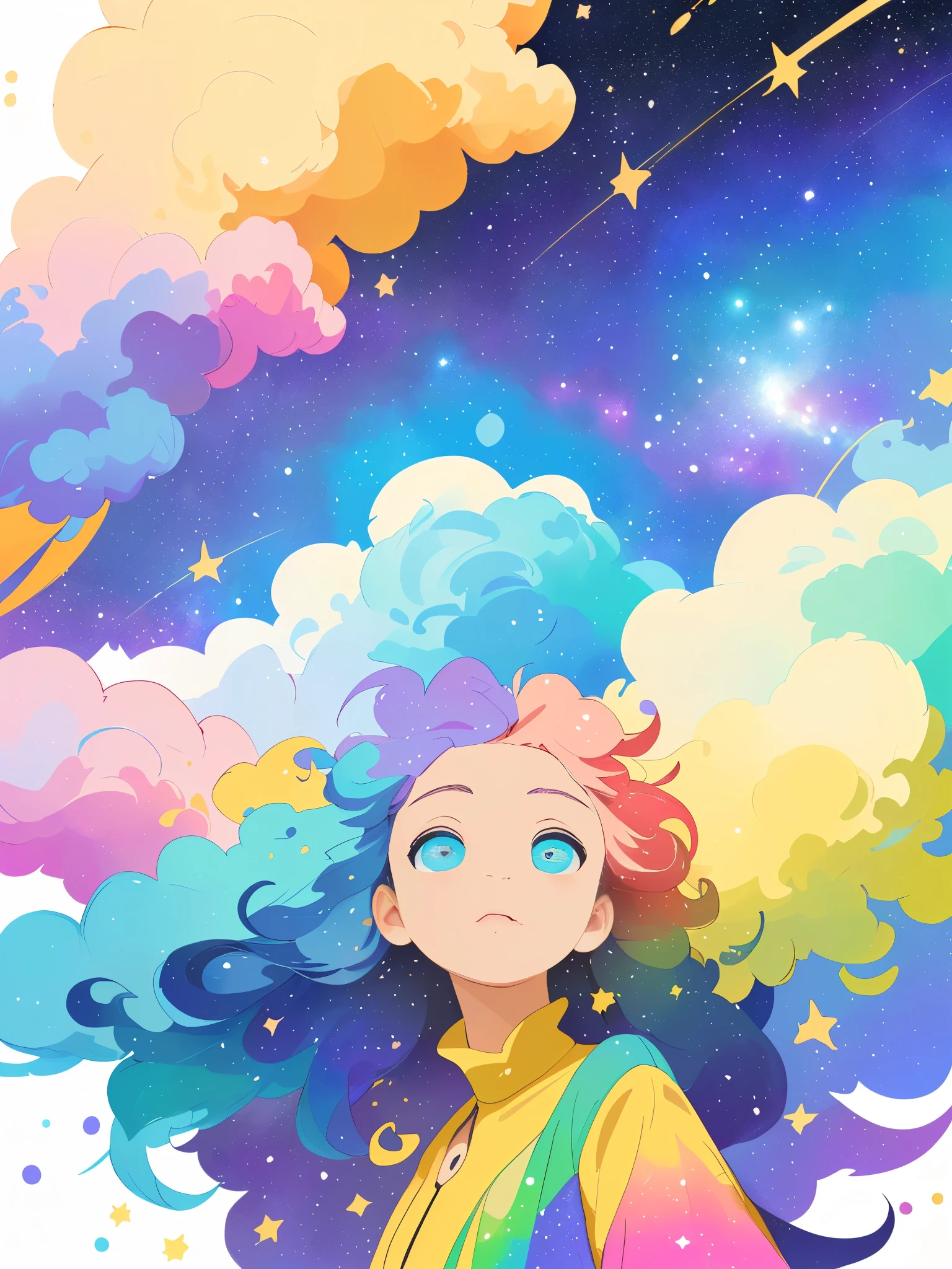 ((masterpiece)), (((best quality))), ((ultra-detailed)), ((illustration)),[realism light effect],shadow,(Fantasy style),(white background:1.6), simple background, (earth theme),(a clothes)[(hair focus,((1girl)),[(big slime hair): (cloud hair):0.3], (hair on background),(high saturation),(hair surrounded by galaxy splashes),)):((her hair is becoming galaxy clouds,:1.27628), (hair and clothes is galaxy clouds and cluster of stars:1.1025),(a clothes is becoming galaxy clouds)(colorful_galaxy_print_clusters_of_stars_print:1.35),((detailed starry sky with colorful galaxy and galaxy clouds):1.2)):0.35], (((masterpiece))),(((best quality))),((ultra-detailed)),(illustration),(dynamic angle),((floating)),(paint),((disheveled hair)),((beautiful detailed face)),collar,bare shoulders, ((colorful hair)),((streaked hair)),beautiful detailed eyes,(Gradient color eyes),(((colorful eyes))),(((colorful background))),(((high saturation))),(((surrounded by colorful splashes))),(((surrounded by colorful dot))),colorful bubble,((shining)),
