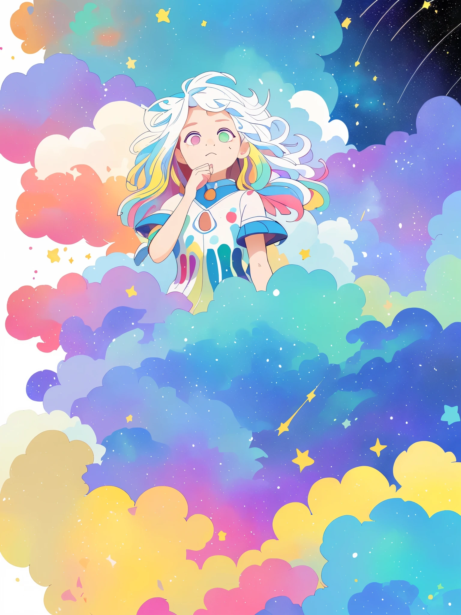 ((masterpiece)), (((best quality))), ((ultra-detailed)), ((illustration)),[realism light effect],shadow,(Fantasy style),(white background:1.6), simple background, (earth theme),(a clothes)[(hair focus,((1girl)),[(big slime hair): (cloud hair):0.3], (hair on background),(high saturation),(hair surrounded by galaxy splashes),)):((her hair is becoming galaxy clouds,:1.27628), (hair and clothes is galaxy clouds and cluster of stars:1.1025),(a clothes is becoming galaxy clouds)(colorful_galaxy_print_clusters_of_stars_print:1.35),((detailed starry sky with colorful galaxy and galaxy clouds):1.2)):0.35], (((masterpiece))),(((best quality))),((ultra-detailed)),(illustration),(dynamic angle),((floating)),(paint),((disheveled hair)),((beautiful detailed face)),collar,bare shoulders, ((colorful hair)),((streaked hair)),beautiful detailed eyes,(Gradient color eyes),(((colorful eyes))),(((colorful background))),(((high saturation))),(((surrounded by colorful splashes))),(((surrounded by colorful dot))),colorful bubble,((shining)),