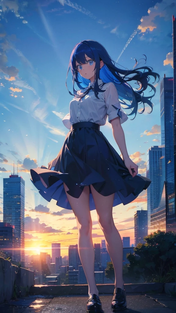 1 anime girl, alone,blue hair,Blue shining jewel eyes,Black petals flutter, A mysteriously shining butterfly.blue sky,city,Vivid blue hair,bright blue jewel eyes,thin legs,cloudy sky,very clear,highest quality,Are standing,Straight Hair,morning,Mid-length skirt,City of Sunsets