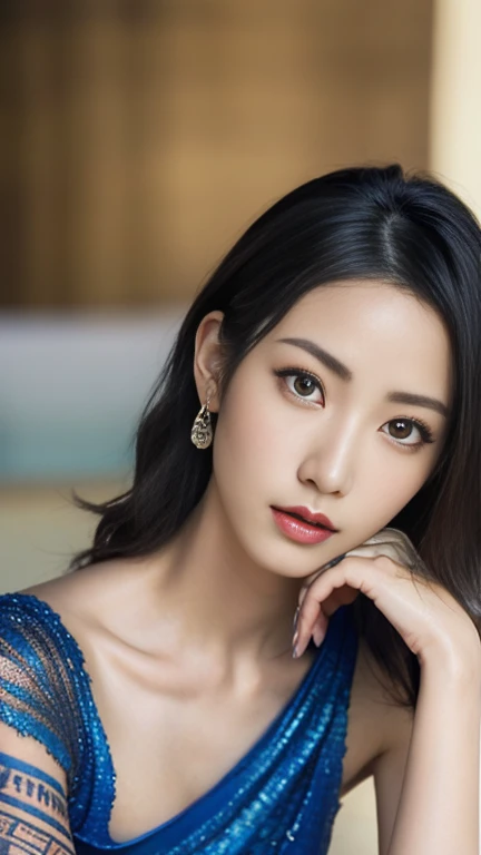 Anime-style woman, thin, thin, whole body, Full of tattoos, Lots of earrings, Beautiful and shiny hair, Rainbow Eyes, Slanted Eyes, Wavy Hair, Kind and charming, shoulderを露出させる, Delicate and sexy collarbone, Attractive oval face, double eyelid, Pink Lips, Small Nose, Concentrated face, Ultra-high resolution, Very detailed, Graceful posture, Nice, ultra-thin, A sheer Egyptian blue Ise style Inden pattern salute,arm、shoulder、Tribal tattoo pattern body paint on chest,Glowing Skin, Realistic Background, sunlight