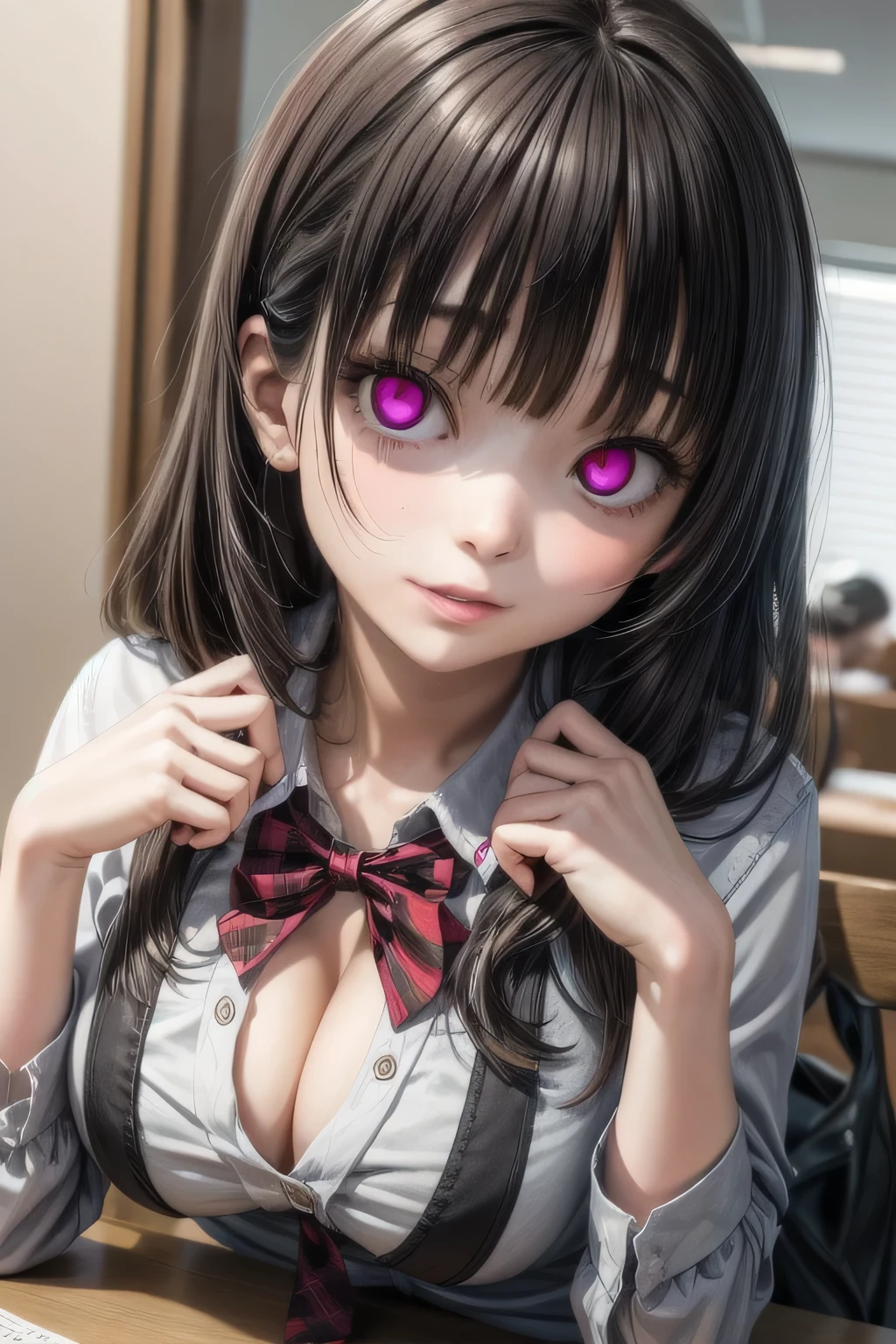 (highest quality:1.4), (High resolution:1.2), Sharp contours, Long Hair, highest quality, masterpiece,Glasses,Voice of the Heart,yandere,Dynamic configuration,,20-year-old woman,yandere,Big Breasts,Chest to chest,Lying face down,Upper Body,Ecstasy,saliva,blush,Squint your eyes,Heterochromia iridis,Tuck up your clothes,lure