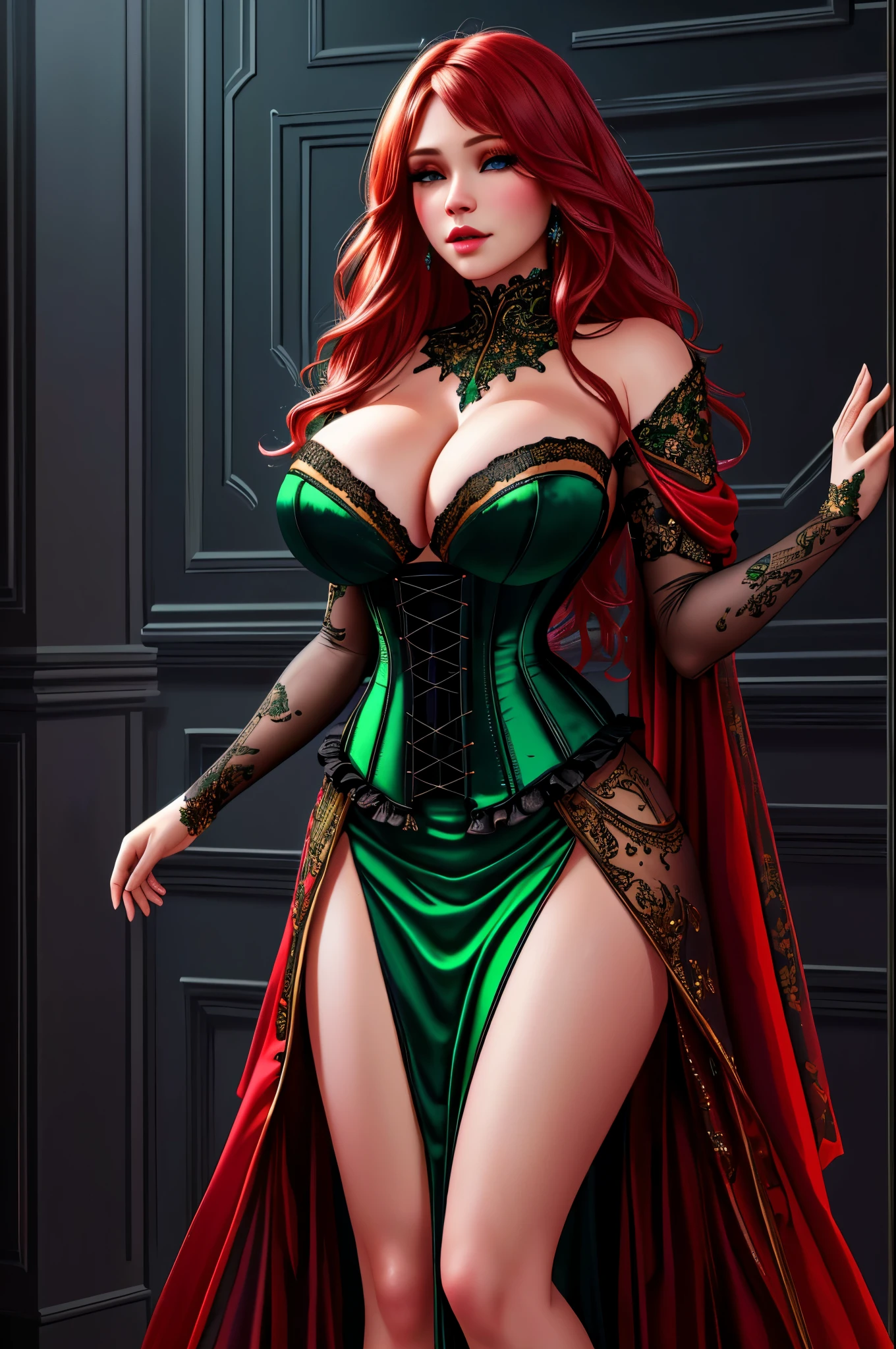 beautiful detailed eyes, beautiful detailed lips, extremely detailed eyes and face, long eyelashes, 1girl, Jennifer Korbin, long green dress, crimson hair, corset, leg slit, standing, seductive, dripping blood, vampire, digital art, oil painting, 3D rendering, high quality, best quality, 4k, 8k, highres, masterpiece:1.2, ultra-detailed, realistic, photorealistic, photo-realistic:1.37, HDR, UHD, studio lighting, ultra-fine painting, sharp focus, physically-based rendering, extreme detail description, professional, vivid colors, bokeh, portraits, horror, dark fantasy
