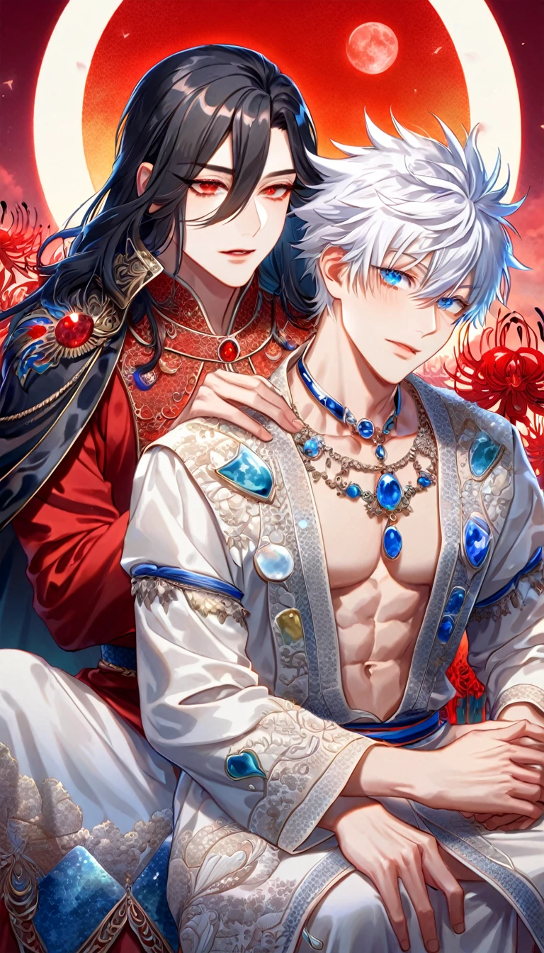 absurdres, highres, ultra detailed, HDR, master piece, best quality, extremely detailed face, delicated features, Xue Yu, untamed spiky hair, black hair, hair between the eyes, expressive red eyes, Thousand Years War, Gojou Satoru, white hair, expressive blue eyes, two sexy men sitting together, gay couple, yaoi, handsome, toned chest, black cape, red robes, white robes, accessories, patterns, red sky, red butterflies, red spider lilies, fantasy, magical, radiant moon