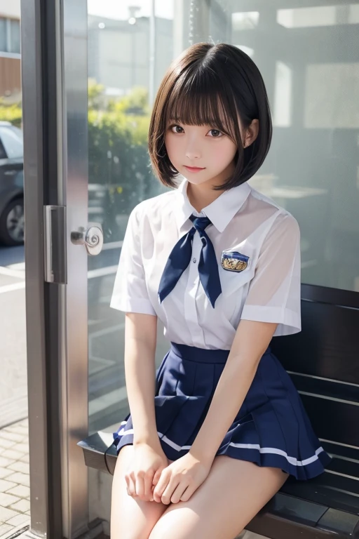 Cute Girls、high school girl、uniform、Bob Hair Mini Skirt、See-through、sit