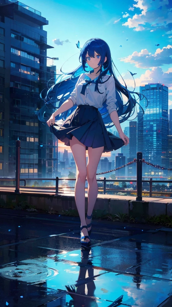 1 anime girl, alone,blue hair,Blue shining jewel eyes,Black petals flutter, A mysteriously shining butterfly.blue sky,city,Vivid blue hair,bright blue jewel eyes,thin legs,cloudy sky,very clear,highest quality,Are standing,Straight Hair,morning,Mid-length skirt,City of Sunsets
