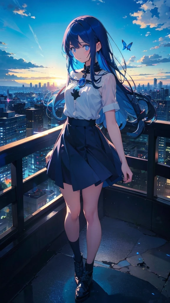 1 anime girl, alone,blue hair,Blue shining jewel eyes,Black petals flutter, A mysteriously shining butterfly.blue sky,city,Vivid blue hair,bright blue jewel eyes,thin legs,cloudy sky,very clear,highest quality,Are standing,Straight Hair,morning,Mid-length skirt,City of Sunsets