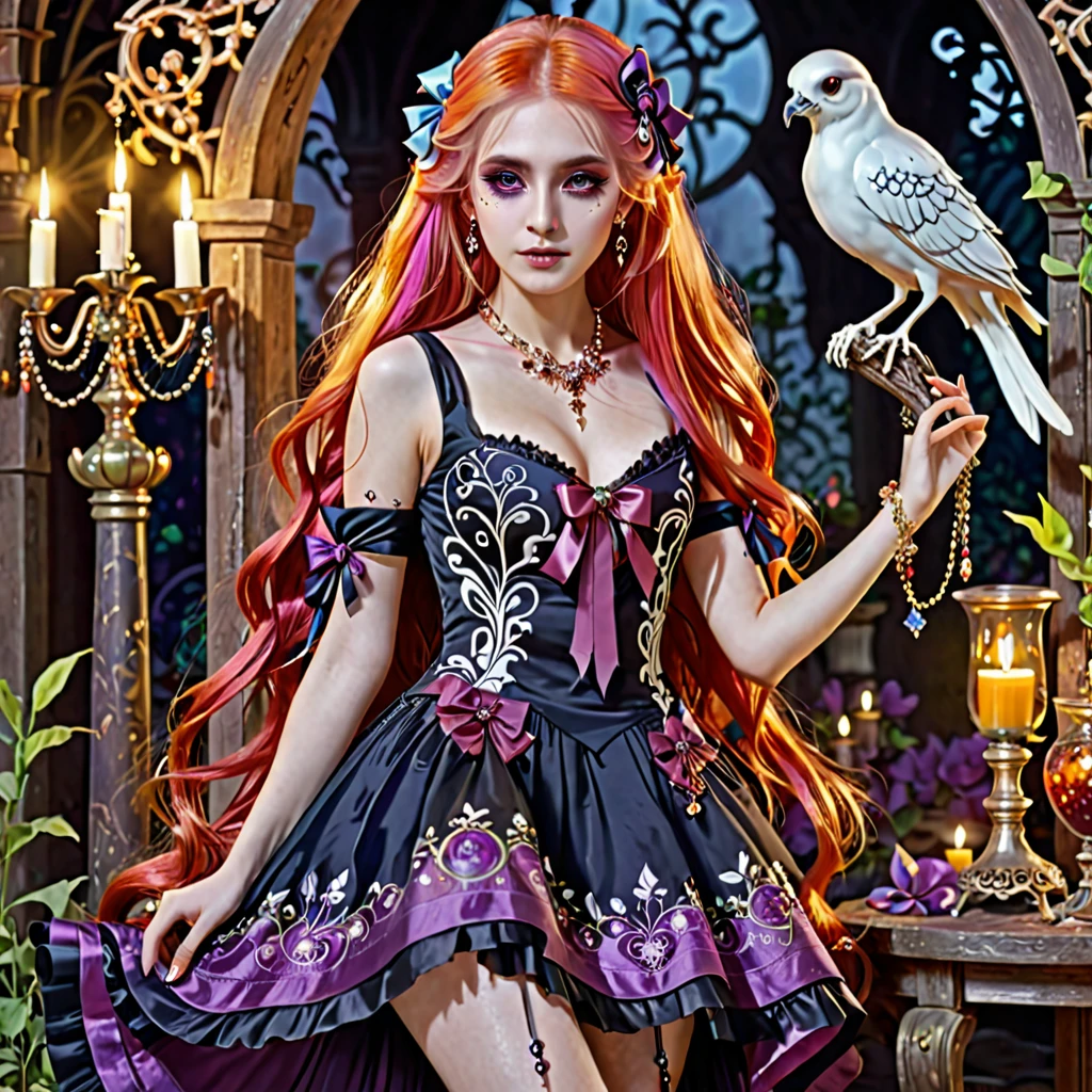 1girl, long bloody hair, bright hair color, seductive eyes, mysterious expression, mature appearance, charming dress, flowing short dress, elegant jewelry, intricate decoration, magic symbols, glowing accessories, potions, scrolls, cute accents, bows, ribbons, flowers, birds, skeleton