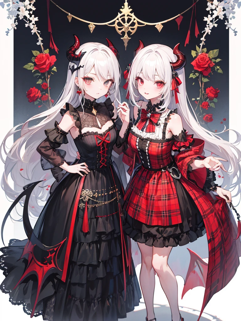 vampire, tooth, Checked dress, Super gorgeous, Very detailed, Complex hairstyles, bow, changeta fashion, changeta style, Anime Girl Cosplay, change, cute, Cute as an angel, , portrait of changeta girl, Red plaid, And 2k, Y2K, Emo Style, fringe faction, Red plaid, Mine Girl, Harajuku Style, Exaggerated clothing, Elaborate decoration, Rock Style, Gothic style, Devil horns, A vine wrapped around my hand, thorn rose,Standing in front of the viewer、Character Design、Full-body portrait、Black and red rose fractal art：1.5、