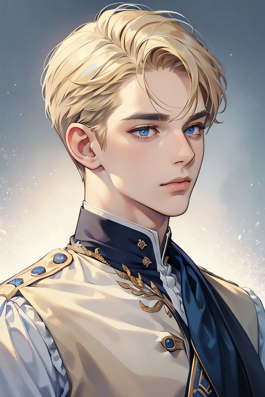 masterpiece, best quality, 1man, mature male, quiet and charming young man, 25 year old, closed mouth, portrait, extremely detailed face, closed mouth, lips nude ((blue carolina eyes)), ((short-right-blonde hair)), [thick eyebrows], handsome, half body, with royal clothess victorian, look at camera, 