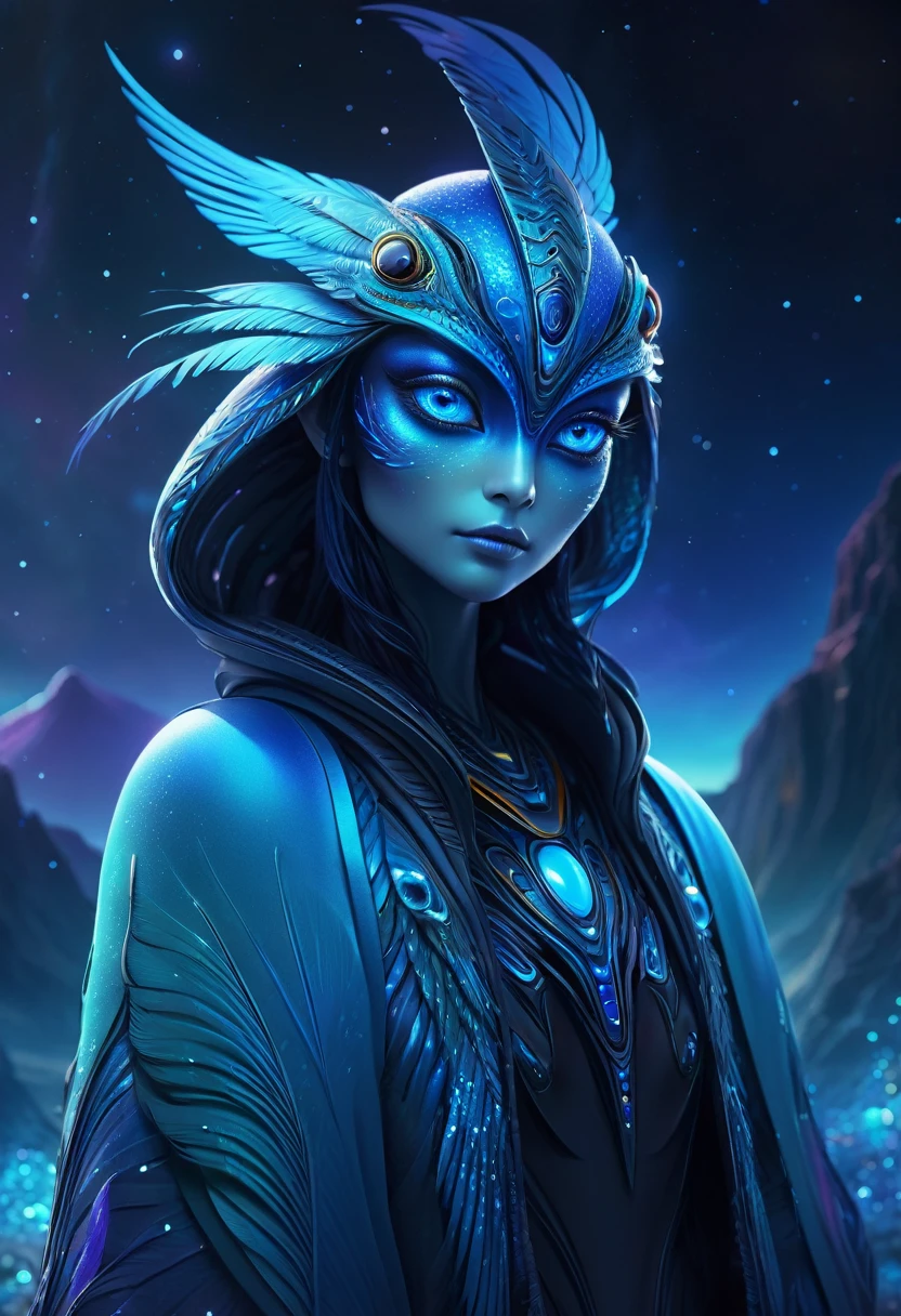 (high-res, vivid colors), blue bird alien, detailed feathers, sparkling eyes, alien landscape, vibrant colors, surreal atmosphere, glowing lights, otherworldly features, intricate patterns, dreamlike scenery