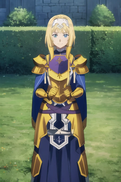 AZ, 1girl, solo, full body, portrait, looking at viewer, smile, cape, gauntlets, pauldrons, breastplate, faulds, hairband, fine detail, perfect quality, good quality, masterpiece, HDR, UHD 
