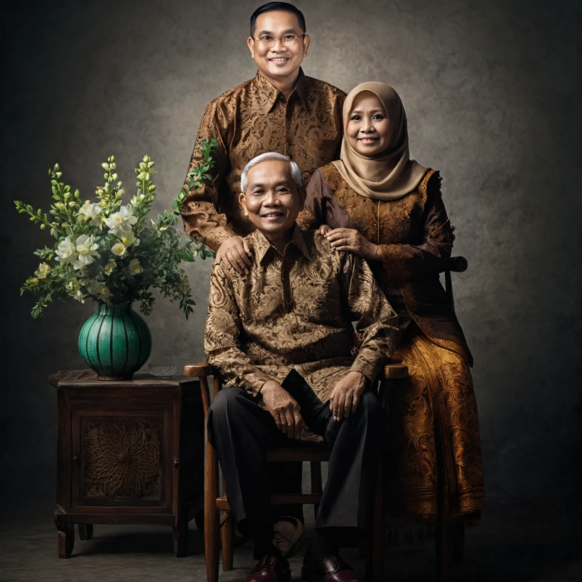 there are two people sitting on a chair next to a vase, an indonesian family portrait, barong family, full protrait, potrait, by Basuki Abdullah, family portrait, barong family member, happy family, classic portrait, protrait, inspired by Rudy Siswanto, dramatic portraiture of namenlos, portrait of family of three, traditional portrait