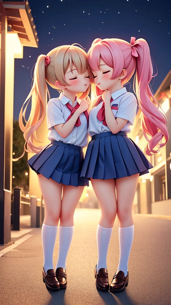 ((very kawaii cute, 2 girls)), ((kawaii cute face)), ((cute eyes)), (masterpiece), (top quality), (hyper detailed), (high standard), (high resolution), (super detailed skin), (crisp), (depth), (exquisite), (perfect anatomy), (8k), (full body), (blush), (twin tails), (piercing), (petite beauty, jk), (collared shirt, pleated skirt, mini skirt, school uniform), (((closed eyes, for kiss))), (park, at night)