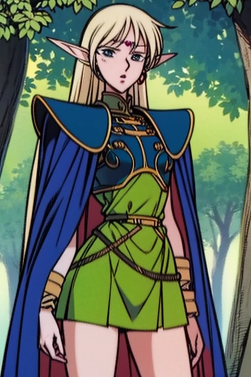 ANI_CLASSIC_deedlit_ownwaifu www.ownwaifu.com,(extremely detailed fine touch:1.2) Elf (natural light, sun light, light rays, dappled light, ray tracing:1.2), mature female , masterpiece, ultra best quality, ultra highly quality , elf pointy ears, blonde hair, long hair, circlet, green eyes, long pointy ears, very long hair, breasts, medium breasts, earrings, lips, makeup, bangs, cape, armor, blue cape, shoulder armor, pauldrons, gloves, breastplate, belt, green dress, short dress, looking at viewer, blush, open mouth, standing, (Masterpiece, extremely detailed CG, sharp line),deedlit, offcial art, Colorful, Beautiful Japanese anime style,Extremely detailed eyes and face,Sharp pupils,realistic pupil,In the woods、cabellos largos dorados,Black lace panties,Slender thighs, varies multi etc. --v 6 --s 1000 --c 20 --q 20 --chaos 100