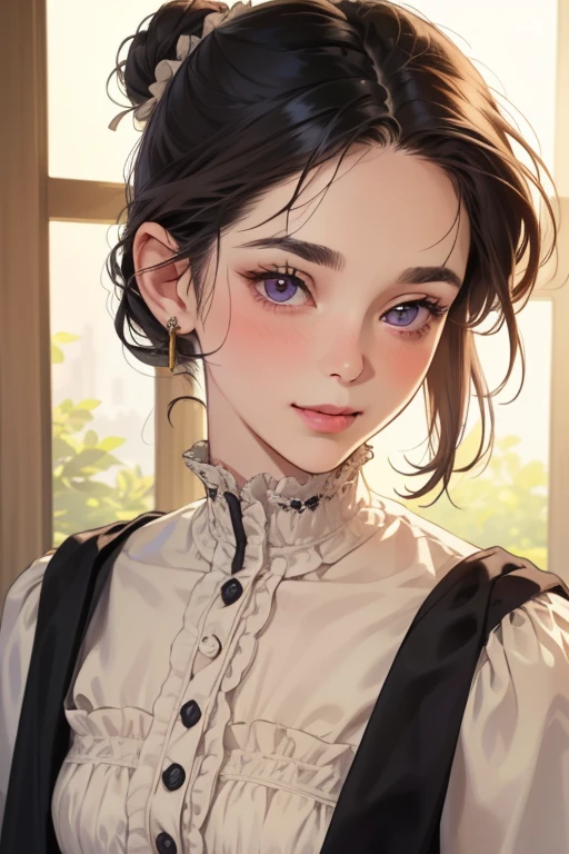 masterpiece, best quality, realistic, mature female, cute, 25 years old, closed mouth, portrait, extremely detailed face, soft smile, (dark purple eyes), ((with single black hair bun), ((front bangs hair)), [thin eyebrows], ((Victorian female clothe)), ((cream color cloth)) no makeup, light smile, ear blush, light blush, short eyelashes, 4k, full body