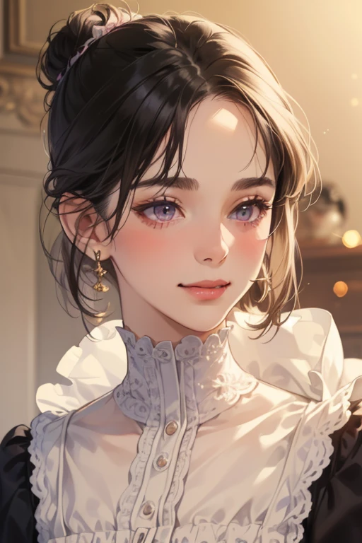 masterpiece, best quality, realistic, mature female, cute, 25 years old, closed mouth, portrait, extremely detailed face, soft smile, (dark purple eyes), ((with single black hair bun), ((front bangs hair)), [thin eyebrows], ((Victorian female clothe)), ((cream color cloth)) no makeup, light smile, ear blush, light blush, short eyelashes, 4k, full body