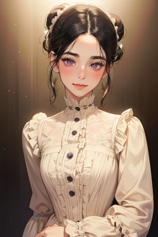 masterpiece, best quality, realistic, mature female, cute, 25 years old, closed mouth, portrait, extremely detailed face, soft smile, (dark purple eyes), ((with single black hair bun), ((front bangs hair)), [thin eyebrows], ((Victorian female clothe)), ((cream color cloth)) no makeup, light smile, ear blush, light blush, short eyelashes, 4k, full body