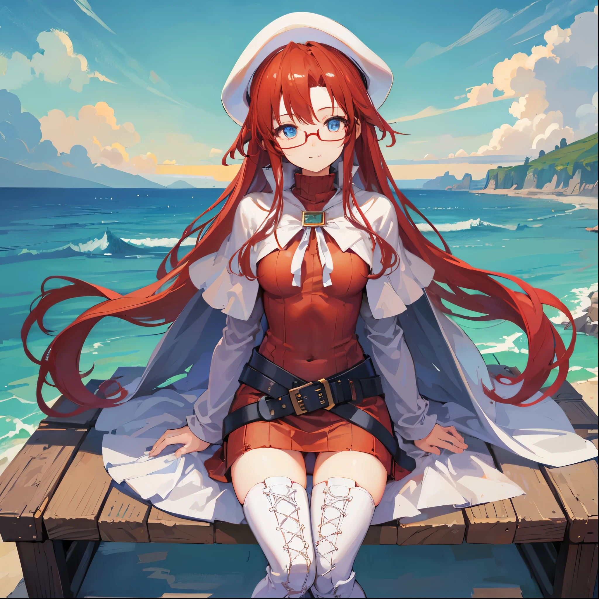 summonnightaty, aty, (young:1.3),long hair, blue eyes, red hair, big_berets, hat, glasses,
BREAK long hair, thighhighs, hat, dress, naked_legs, glasses, belt, cape, sweater, zettai ryouiki, beret, thigh boots, white footwear, ribbed sweater, loose belt,solo,
BREAK outdoors, fantasy,on_beach,
,Highquality_hads,perfect_fingers,
BREAK (masterpiece:1.2), best quality, high resolution, unity 8k wallpaper, (illustration:0.8), (beautiful detailed eyes:1.6), extremely detailed face, perfect lighting, extremely detailed CG, (perfect hands, perfect anatomy),covered_nipples,covered_navel ,half_eyes,long_sword,sleepy,standing,red_sweater,apart_knees,magical_effect,spread_legs, have_a_book,teacher,rise_knee,Smile,rise_hand,look_down_viewer,spread_arms,sea_waves,looking_into,blue_sky,sitting,plump,