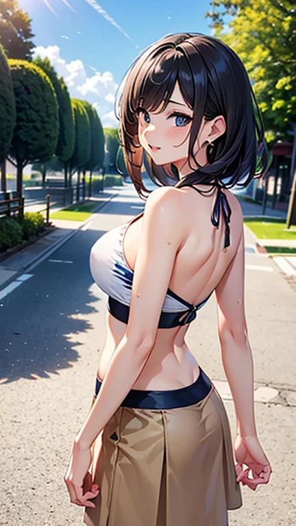 A girl is posing for a photo,pretty girl,Enchanting girl,Anime Girls,
(((One Girl,Baby Face,s old))),
BREAK
((Midi length navy A-line skirt + White cropped top + Beige sandals))、Earrings、Fancy Necklace、
BREAK
((Black Hair)), ((Straight bangs:1.4、Butt-length hair、Straight back hair))、
(Drooping eyes,blue eyes),(Big Breasts),
BREAK
(Beautiful Hair,Shiny Hair),
(Expression of fine eyes,Beautiful and delicate eyes,Sparkling eyes,Eye Reflexes),
(double eyelid,Long eyelashes),
(Beautiful Nose,Thin Nose),
(Glossy lips,Beautiful Lips,Thick lips),
(Symmetrical facial features,Perfect Face),(((Detailed skin,Oily skin,Textured skin,Beautiful Skin))),
BREAK
(Captivating smile),
((noon、Summer resort:1.4、sunlight、street tree)),((Walking、Dynamic Pose、Face the viewer、Cowboy Shot)),
(Character Focus、breast focus),
BREAK
(((highest quality)),((masterpiece)),((Very detailed))),((High resolution),(8k),(16k,1080p),(Anime 2D Rendering)),(Anatomically correct),
(The best CG),Highly detailed art,CG illustration,