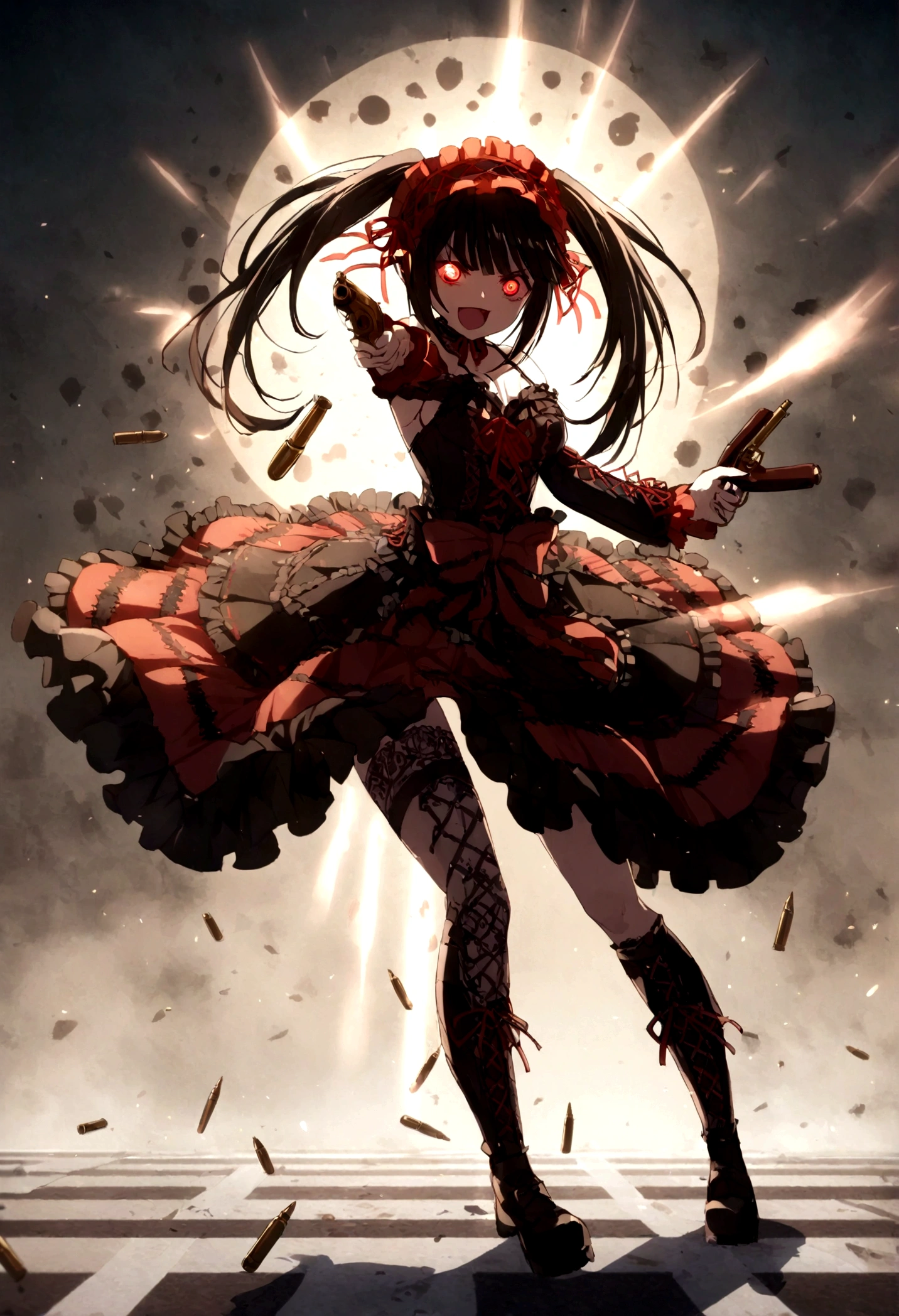 crazy, devil eyes, Tokisaki Kurumi, holding guns, bullets, full body