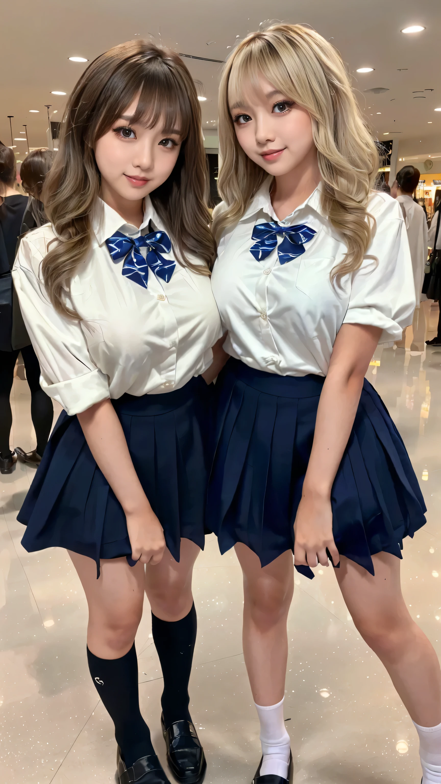 (scene; (2 people:1.8)), Gal, (High school girls 2 people), (Shopping mall, Shopping Street, street, Outdoor), (Look at me Are you standing, Full body portrait, Photograph the whole body, Full-body image, Are standing, With legs spread, Doing sexy poses), (Thin thighs, Long, slender limbs, Small waist), ((Highly detailed skin), Beautiful realistic face, White skin, Pointed Chest, Perfect Anatomy, Realistic eyes, Natural Eyes, Brown Eyes, Accurate eye focus, Accurate limbs), (Hyper Realist, Ultra-realistic, 4k, Attention to detail, Ultra-high resolution, highest quality, masterpiece, Presence, dynamic, Uplifting, bold, Sharpness), (Huge breasts:1.5, Cleavage:1.5), (Blonde long hair:1.5, Wavy long hair:1.5, Curly Hair:1.5), (sleek bangs), (Twin tail hair), (White collared shirt, Pleated mini skirt, Navy colored socks, Black loafers, Ribbon tie), in uniform, Surreal school girl, tall, in uniform, smile, Emphasis on cleavage, (Are standing cute schoolgirls 2 people:1.8),