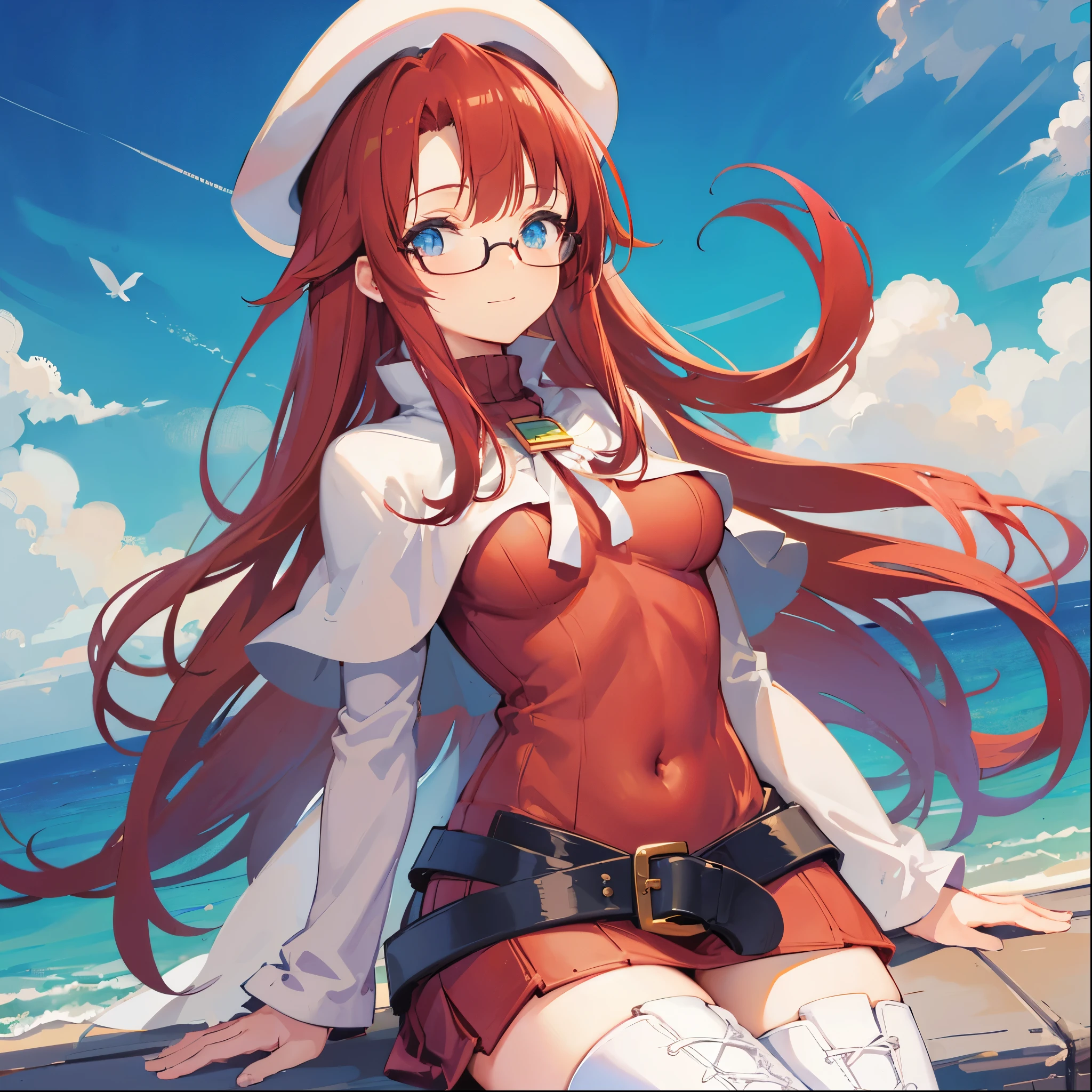 summonnightaty, aty, (young:1.3),long hair, blue eyes, red hair, big_berets, hat, glasses,
BREAK long hair, thighhighs, hat, dress, naked_legs, glasses, belt, cape, sweater, zettai ryouiki, beret, thigh boots, white footwear, ribbed sweater, loose belt,solo,
BREAK outdoors, fantasy,on_beach,
,Highquality_hads,perfect_fingers,
BREAK (masterpiece:1.2), best quality, high resolution, unity 8k wallpaper, (illustration:0.8), (beautiful detailed eyes:1.6), extremely detailed face, perfect lighting, extremely detailed CG, (perfect hands, perfect anatomy),covered_nipples,covered_navel ,half_eyes,long_sword,sleepy,standing,red_sweater,apart_knees,magical_effect,spread_legs, have_a_book,teacher,rise_knee,Smile,rise_hand,look_down_viewer,spread_arms,sea​_waves,looking_into,blue_sky,sitting,plump,