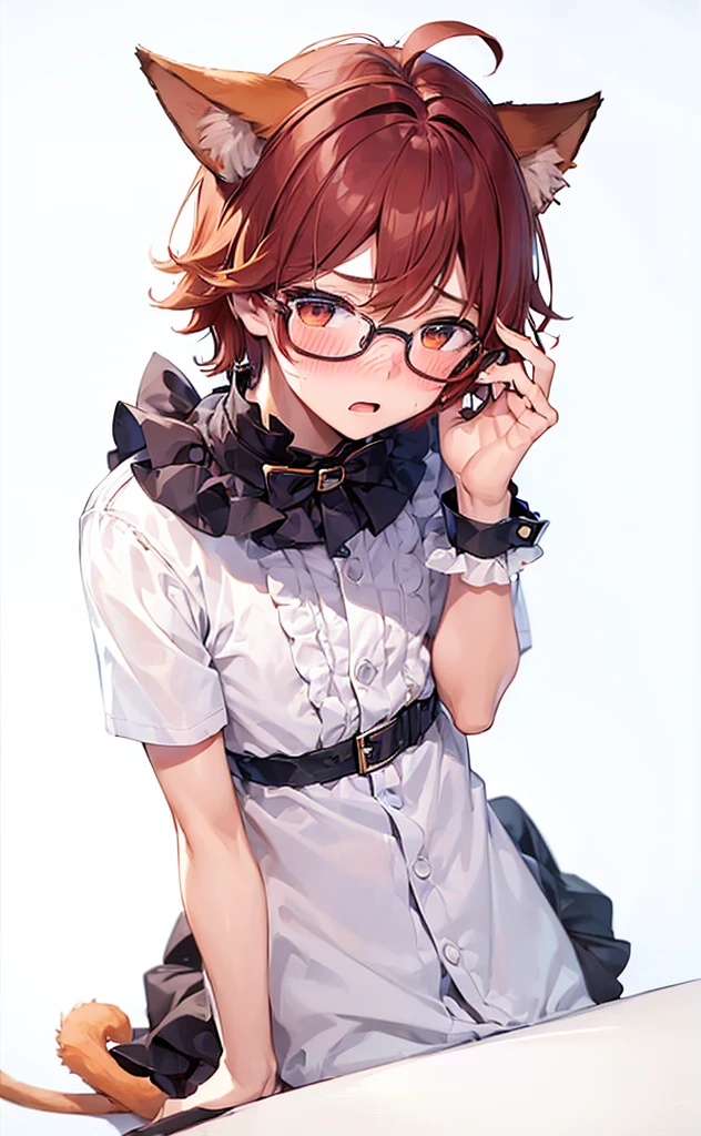 (((Boy with cat ears))), 8k, ((best quality)), 7 yease old, very cute, orange hair, (((very blush))), Wear glasses, 