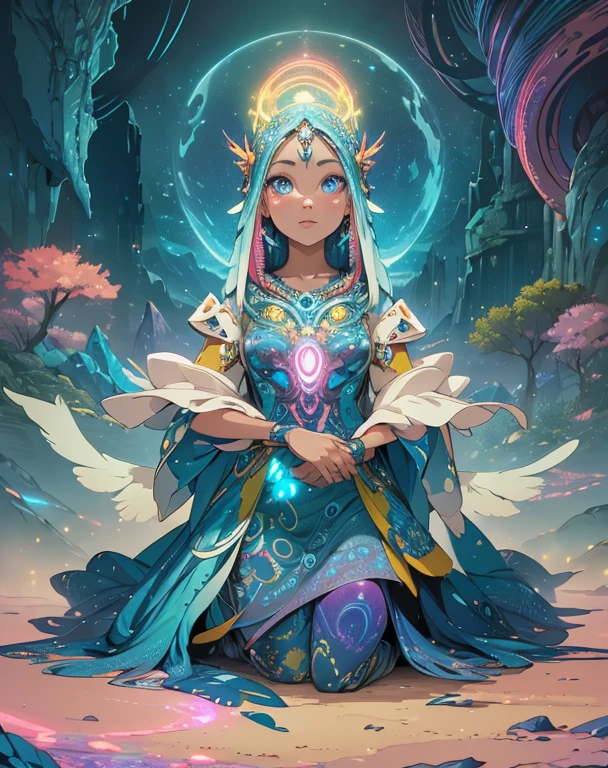 (high-res, vivid colors), blue bird alien, detailed feathers, sparkling eyes, alien landscape, vibrant colors, surreal atmosphere, glowing lights, otherworldly features, intricate patterns, dreamlike scenery