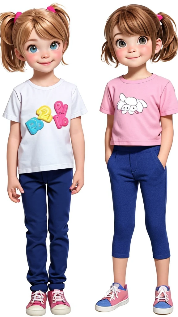 Create two little kids one boy and a girls, the  with a cute face wearing a pink dress and brown hair with two pony tails standing beside a little cute faced boy wearing a blue pants and white t-shirt with blond bob hair. Both the character must look super cute. One character should be boy and the other should be a girl. And both the character must have same height. 