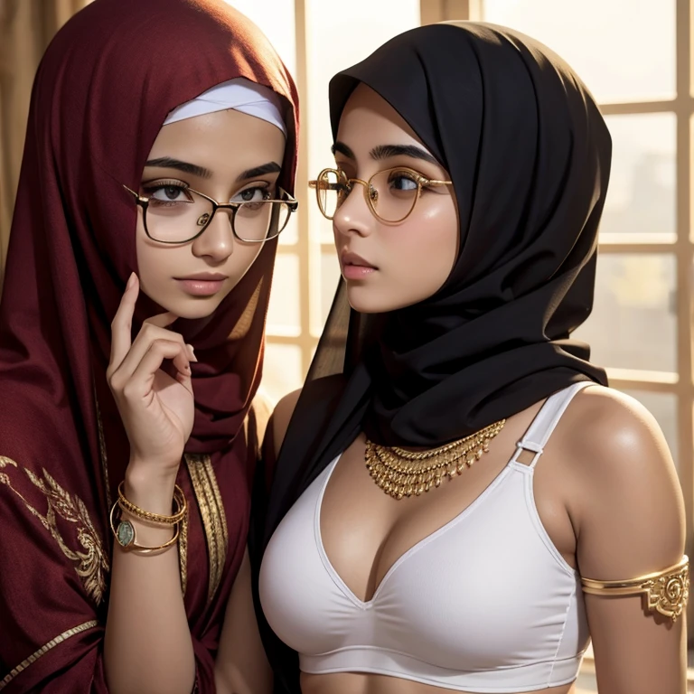 A beautiful high school glasses Arabian 17 years old girl model, white skin, sharp nose, thin lips, circle face, tight bra, wearing hijab, golden indian bangle and bracelet, golden necklace, golden swiss polo watch, kissing a man, squinting eyes, detailed horny face