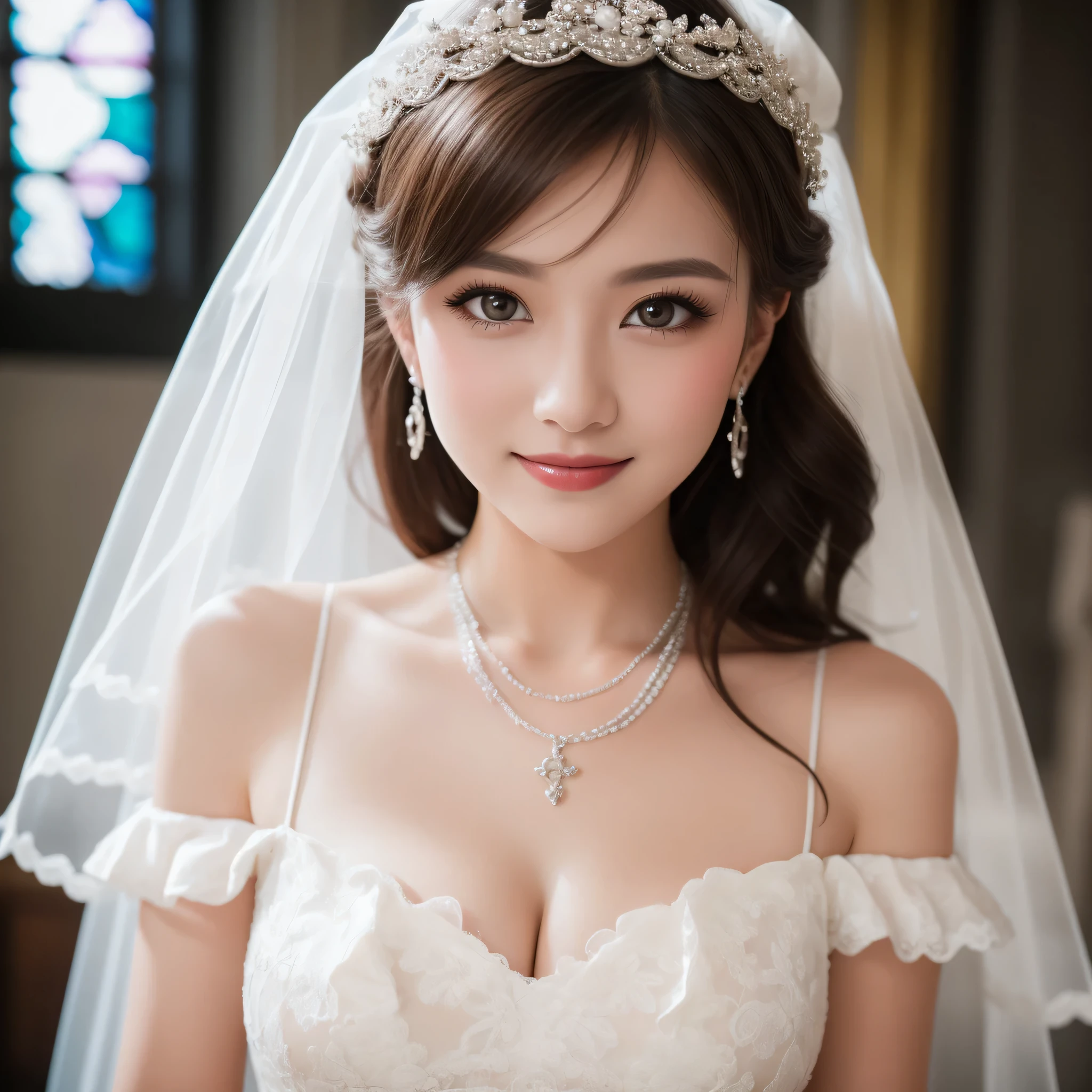 (kawaii face), (flat chest:1.2), happy smile, makeup, (Beautiful frills and lace cute wedding dress, bare shoulders:1.3), (tiaras, necklaces, earrings), Ultra High Definition, Superior Quality, Premier Quality, ultra detailed, Photorealistic, 8k, RAW Photos, highest quality, masterpiece, professional photography, Realistic portrait, Beautiful detailed, Close up portrait of girl, (chapel, stained glass), flower decoration, beautiful bride pictures, (Fine face:1.2),