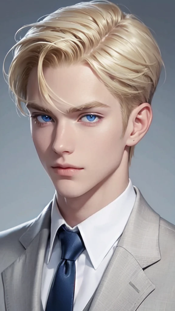 Boy, blond hair, blue eyes, sharp features, white skin, formal style