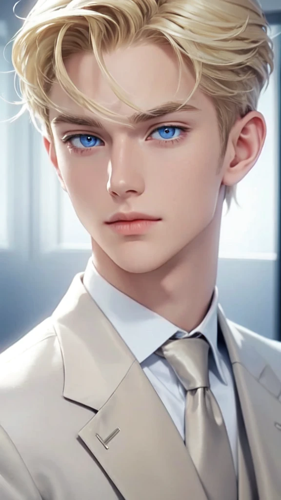 Boy, blond hair, blue eyes, sharp features, white skin, formal style