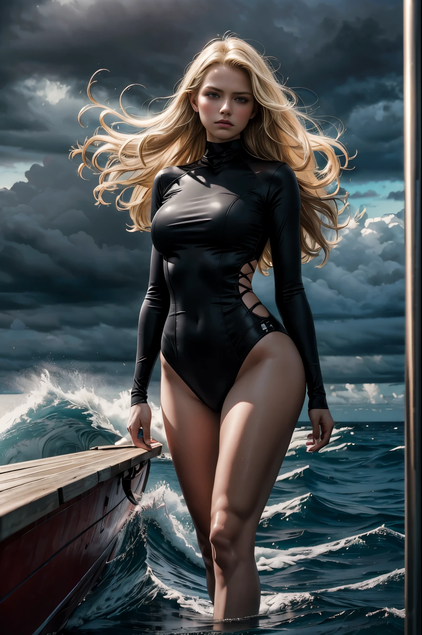 best quality, masterpiece, photorealistic, ultrarealistic,  professional photograph shot on Canon EOS R6, 80mm, 1girl, (moody lighting:0.8),  (beautiful 24 yo swedish girl:1.05), admiral, standing on a ship deck, sailing the seas, solo, detailed eyes, sad face, beautiful, looking at viewer, embarrassed, water, confident pose, stormy sea, storm, wind, (dark theme:1.15), medium breasts, perfect curves BREAK (blonde hair, mid parted hair, straight hair, long hair:1.2), pronounced blush 