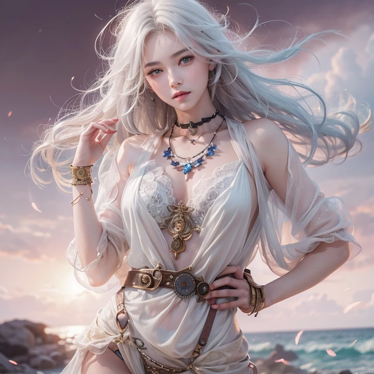 (masterpiece:1.3), (8k, Realistic, RAW Photos, Best image quality: 1.4), Fair-skinned fairy woman、Long Hair、Cleavage:2.0、Highly detailed face、Attention to detail、double eyelid、Chest to chest、Sharp focus:1.2、Beautiful woman:1.4、Silvery white hair、highest quality、masterpiece、超A high resolution、(Realistic:1.4)、Highly detailed and professionally lit smiles、Loose, Light, steampunk、Shoulders out、thin、Serious expression、Short-haired、Deadly position, one person、whole body,Walking on the beach、Gorgeous Necklace、