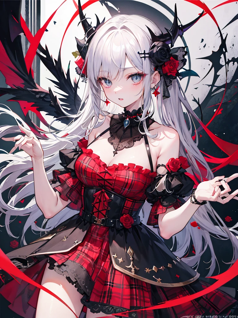 Detailed face、Detailed eyes、highest quality、Masterpiece、Official Art、The best composition、Award-winning works、vampire, tooth, Checked dress, Super gorgeous, Very detailed, Complex hairstyles, bow, changeta fashion, changeta style, Anime Girl Cosplay, change, cute, Cute as an angel, , portrait of changeta girl, Red plaid, And 2k, Y2K, Emo Style, fringe faction, Red plaid, Mine Girl, Harajuku Style, Exaggerated clothing, Elaborate decoration, Rock Style, Gothic style, Devil horns, A vine wrapped around my hand, thorn rose,Standing in front of the viewer、Character Design、Full-body portrait、Black and red rose fractal art:1.5、